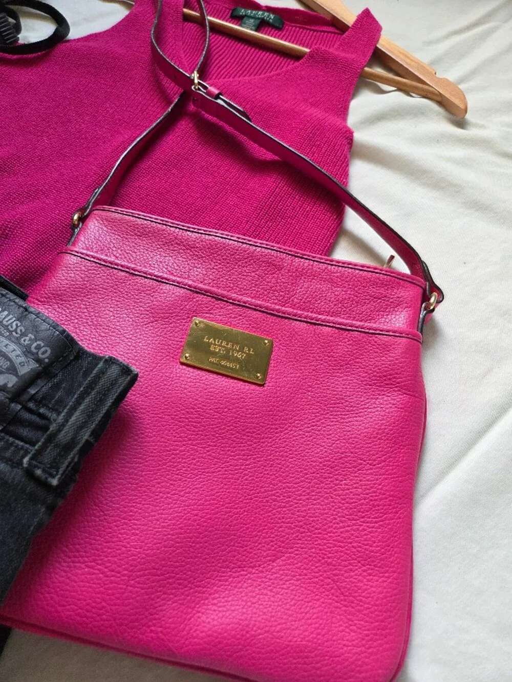 Ralph Lauren hot pink leather crossbody shoulder strap purse
